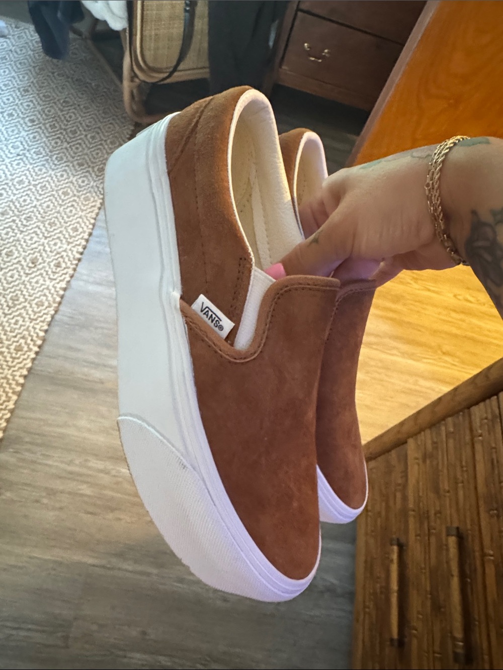 Vans Slip-On Sneakers in Brown Suede with White Trim - Picture 4 of 4